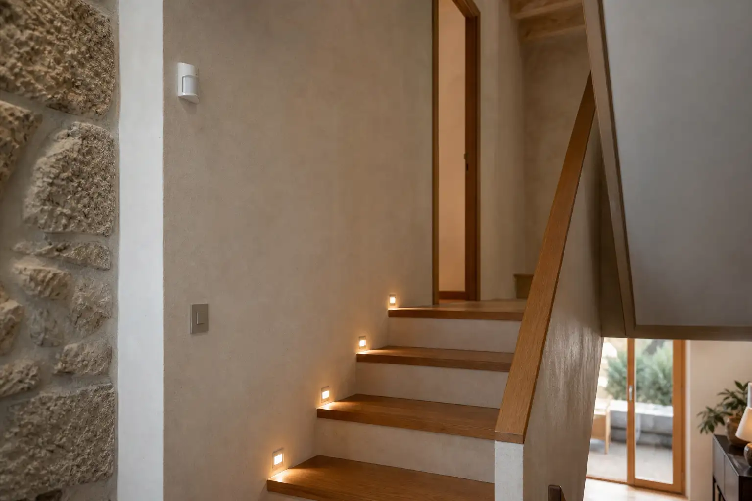 Patamar de escada residencial com iluminação discreta de parede e sensor de presença.