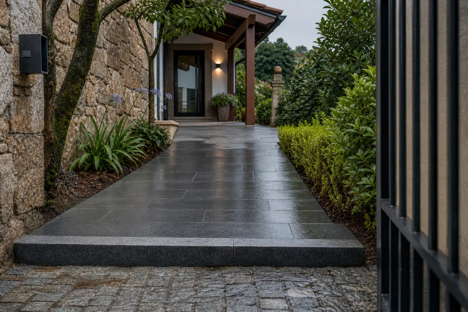 Acesso exterior residencial com pavimento antiderrapante, pendente suave e vegetação lateral