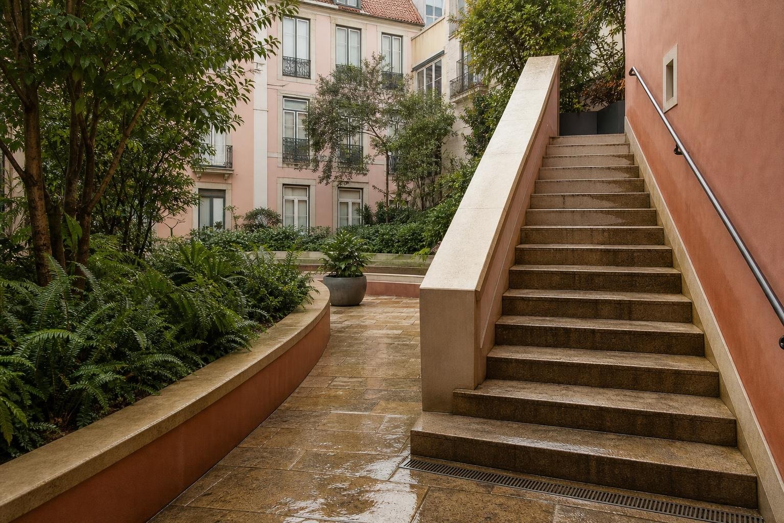 Escada exterior residencial em Lisboa com degraus de pedra texturada, corrimão e drenagem junto ao patamar.
