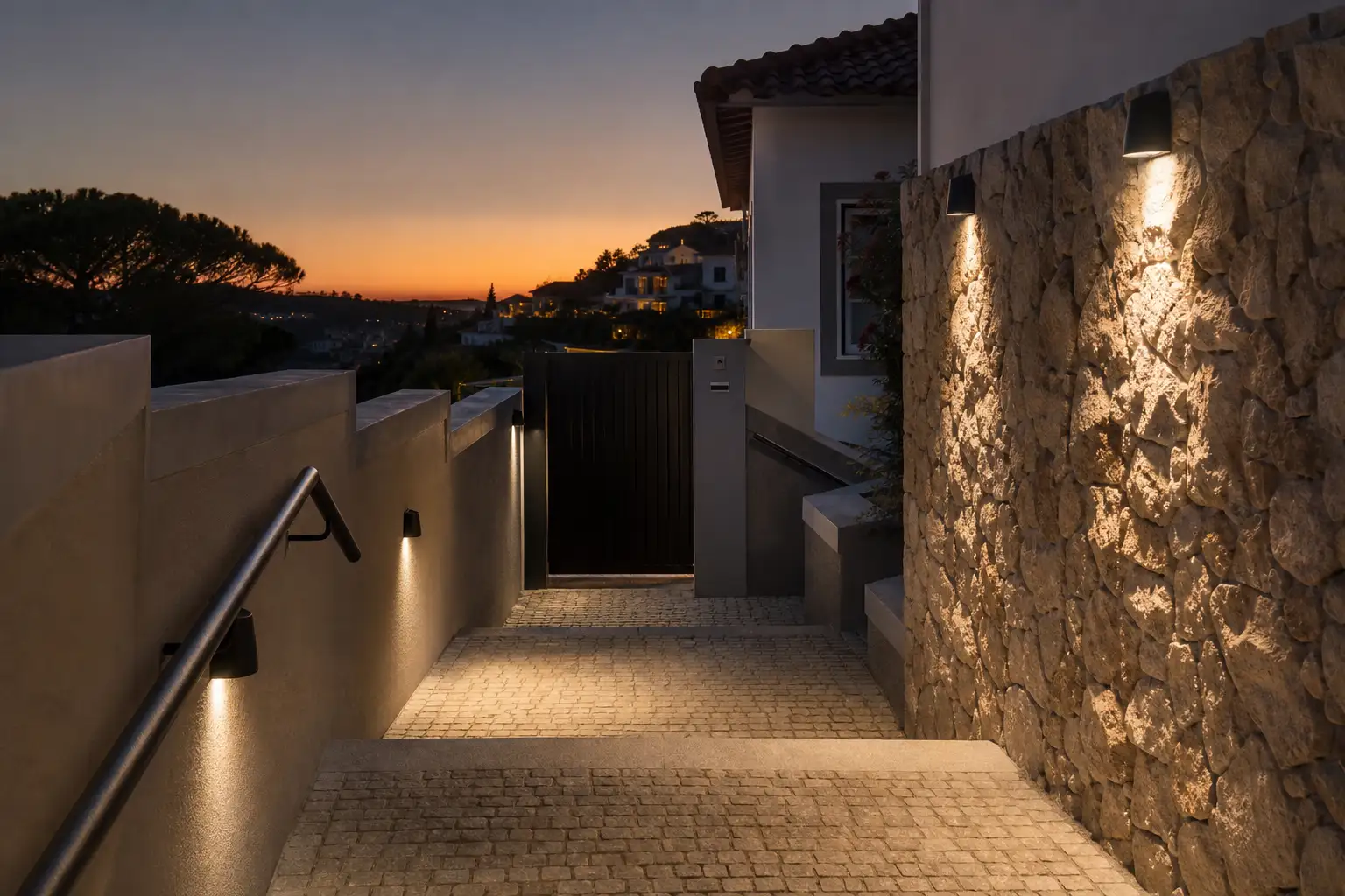 Percurso exterior residencial com degraus, corrimão e iluminação discreta dirigida ao pavimento.