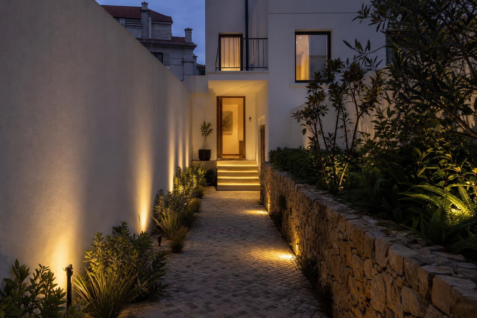 Entrada residencial em Lisboa ao entardecer, com iluminação exterior quente e protegida a orientar o percurso.