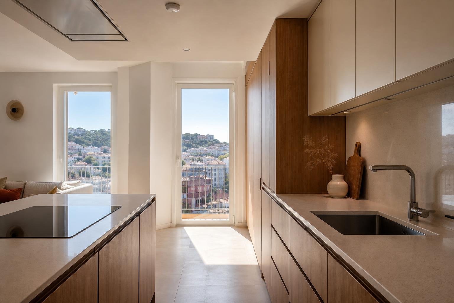 Cozinha de apartamento em Lisboa remodelada com placa de indução, bancada livre e exaustão discreta