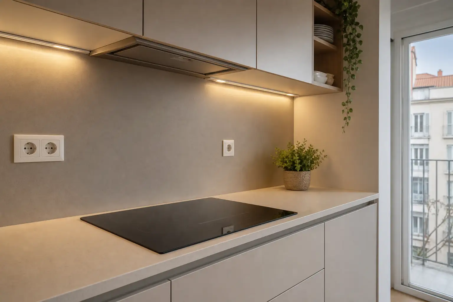 Pormenor de uma cozinha segura com iluminação de bancada, tomadas bem posicionadas e placa de indução
