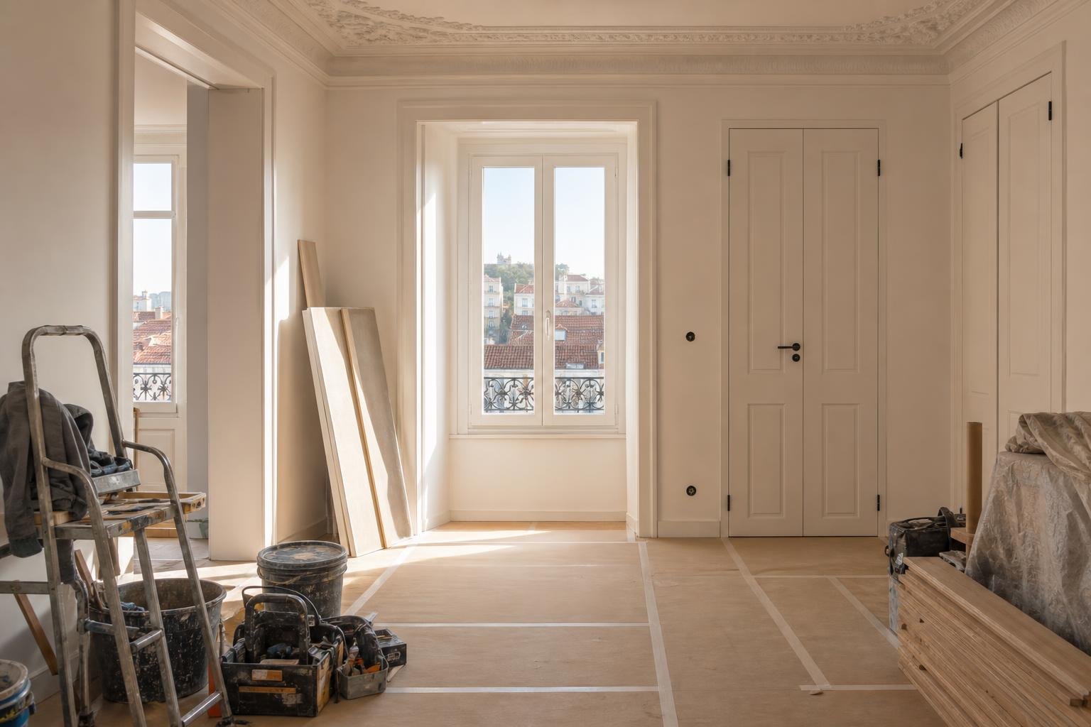 Remodelação organizada num apartamento de Lisboa, com pavimento protegido e ferramentas preparadas para trabalhos diurnos.