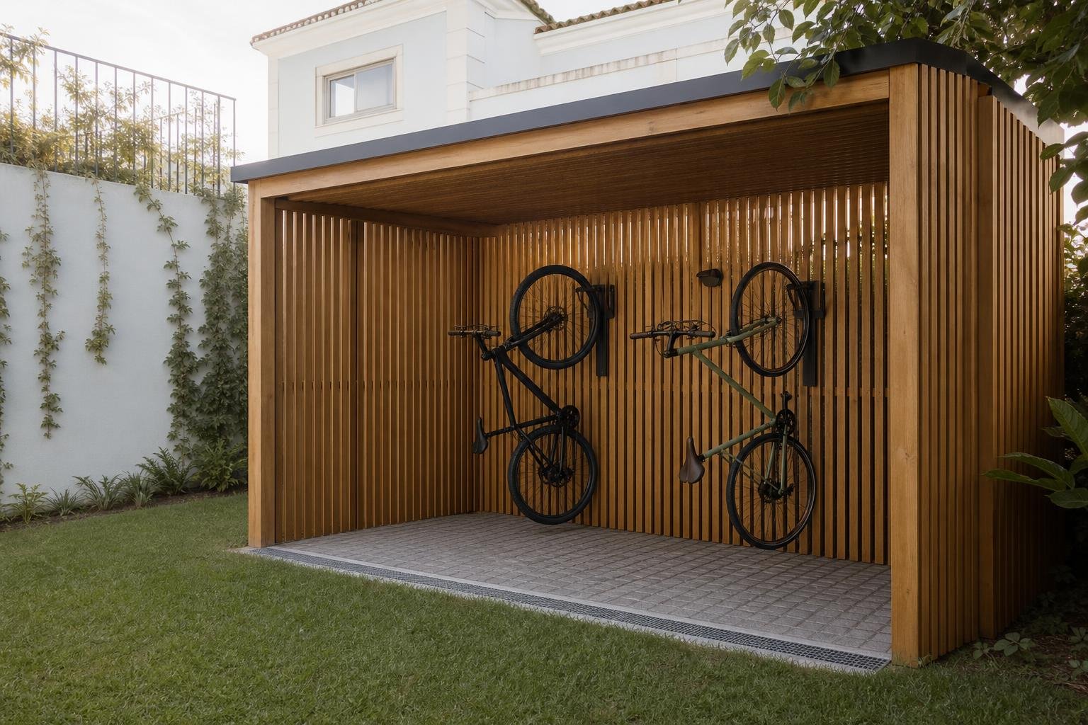 Abrigo exterior ventilado para bicicletas no jardim de uma moradia em Lisboa