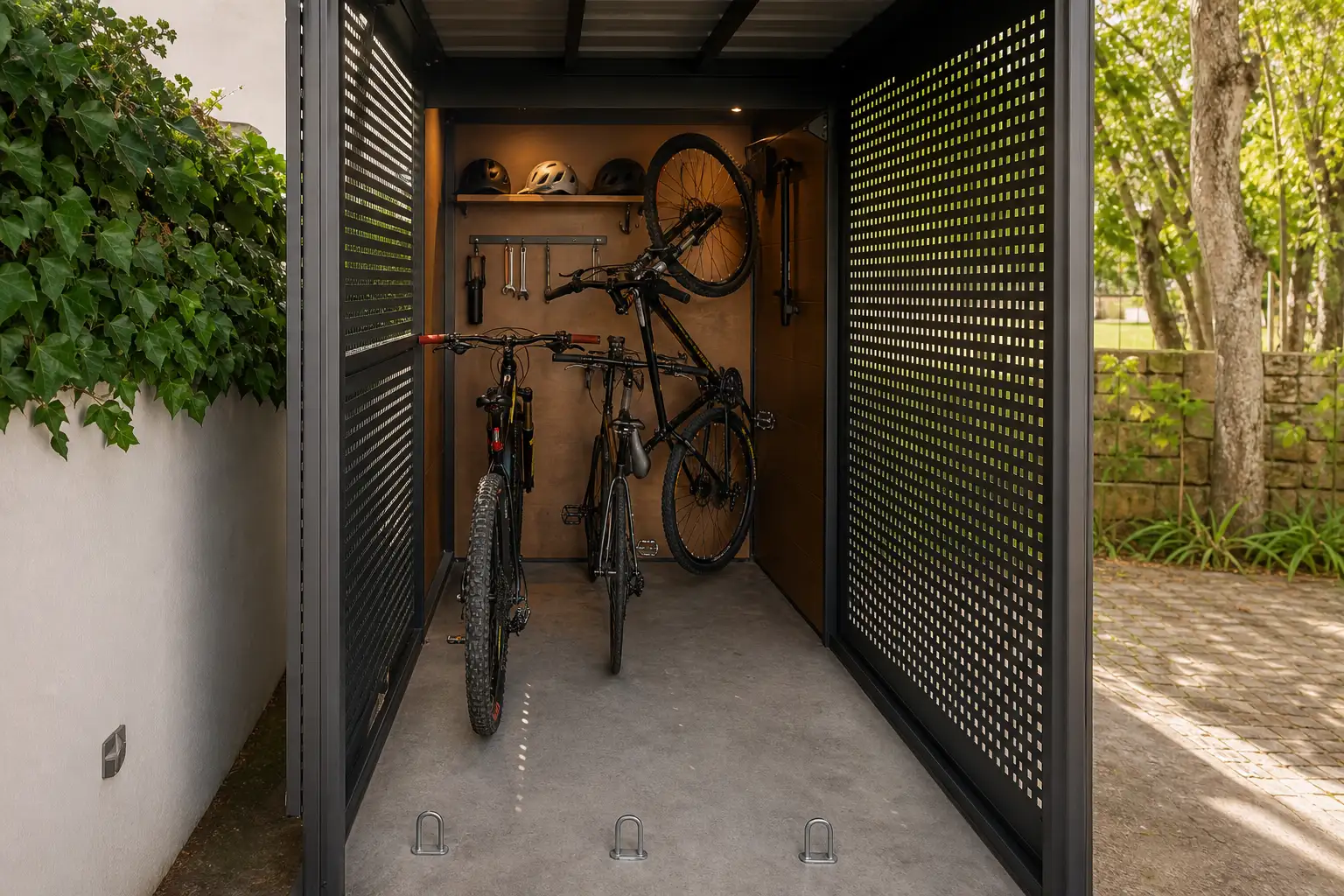 Interior organizado de um abrigo exterior para bicicletas com suportes e ancoragens de segurança