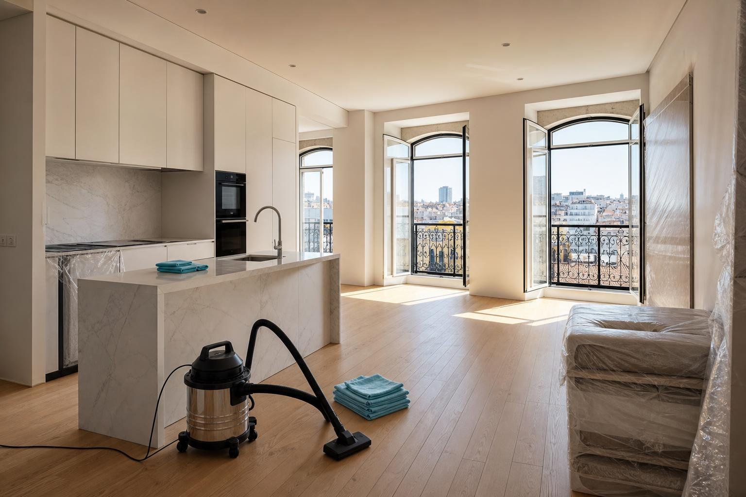 Apartamento remodelado em Lisboa preparado para limpeza e entrega pós-obra, com pavimento de madeira e luz natural.