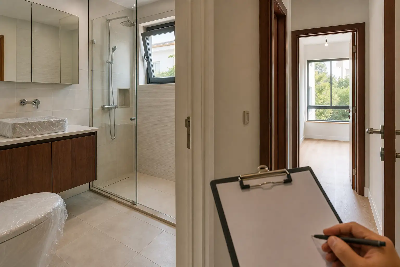 Casa de banho e corredor renovados durante uma inspeção final de limpeza pós-obra.