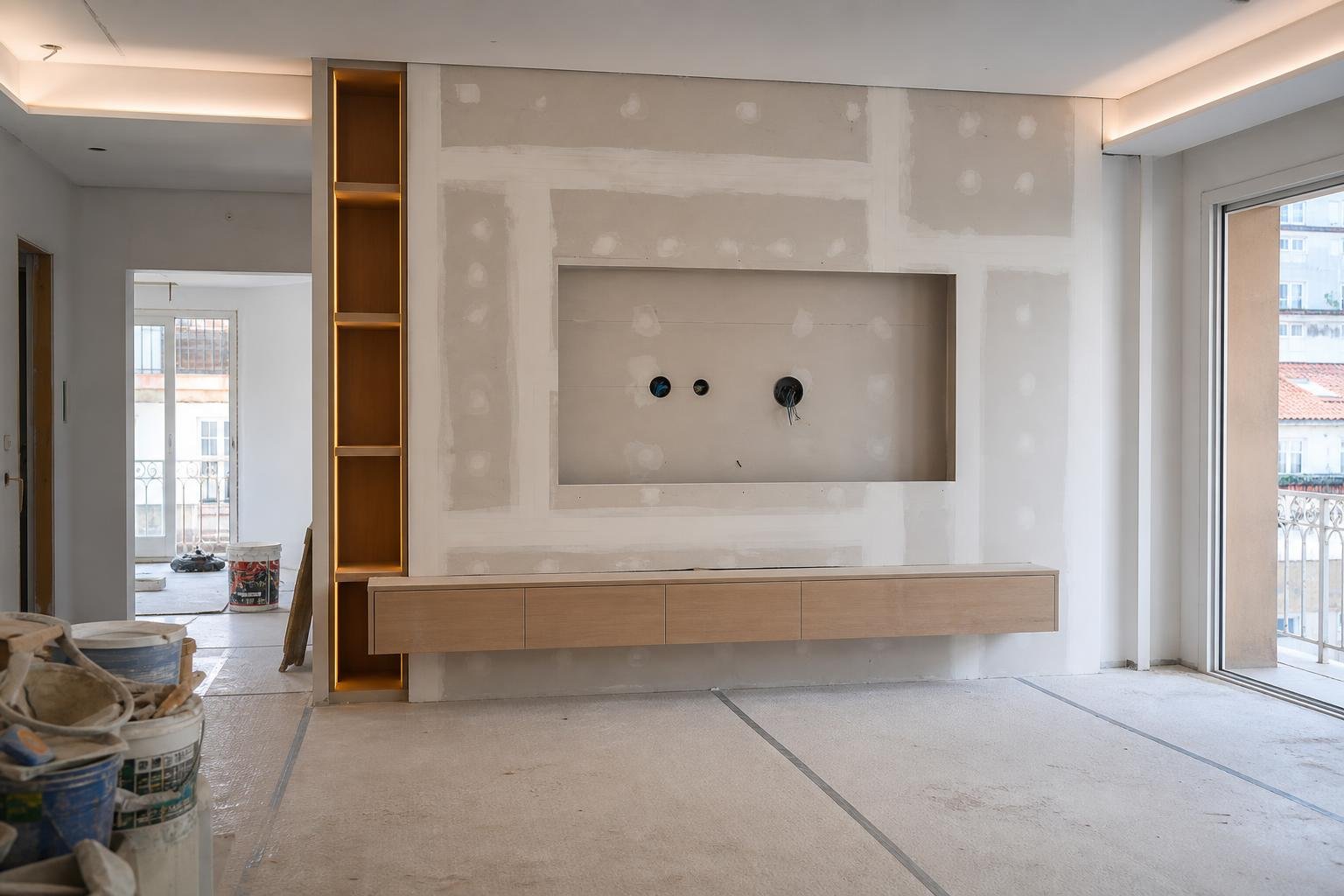 Parede de televisão em pladur em fase de remodelação, com condutas para cabos e caixas técnicas preparadas.