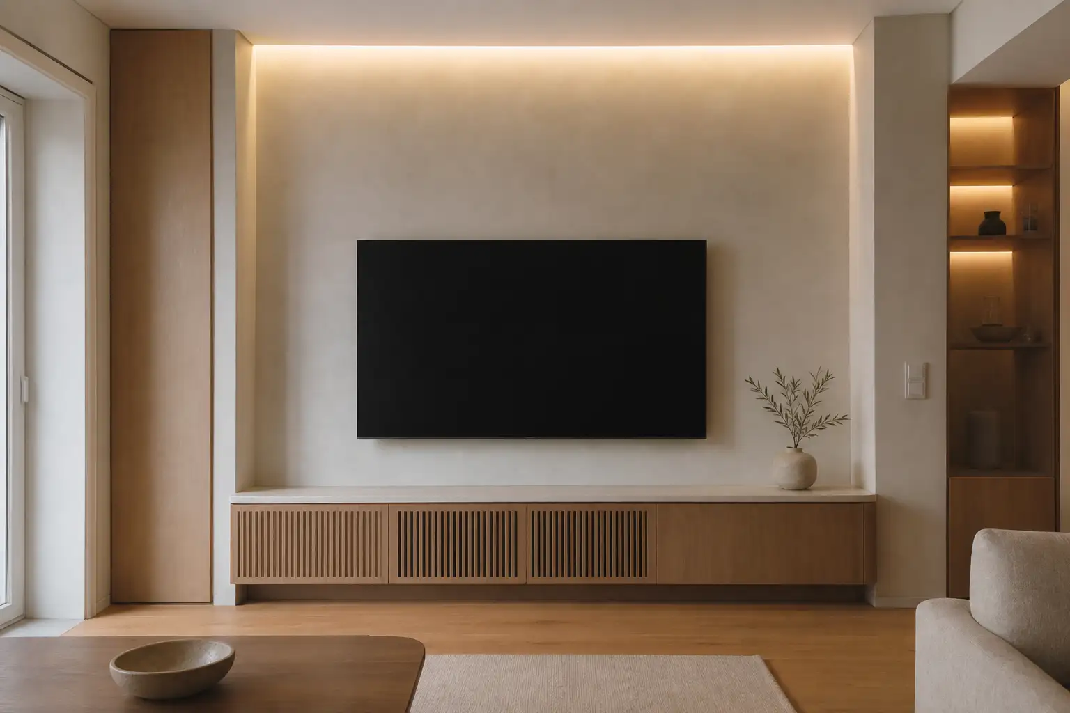 Sala contemporânea com televisão de ecrã apagado, cabos ocultos e móvel baixo ventilado.