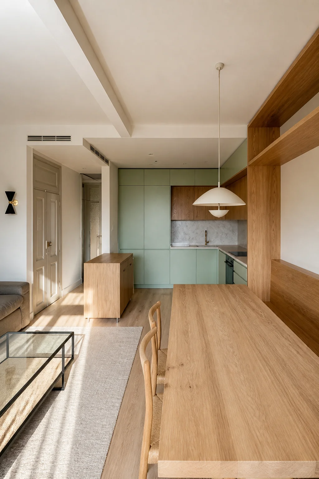 Depois: sala e cozinha integradas com mesa de madeira, pendente, marcenaria e armários verde-claro