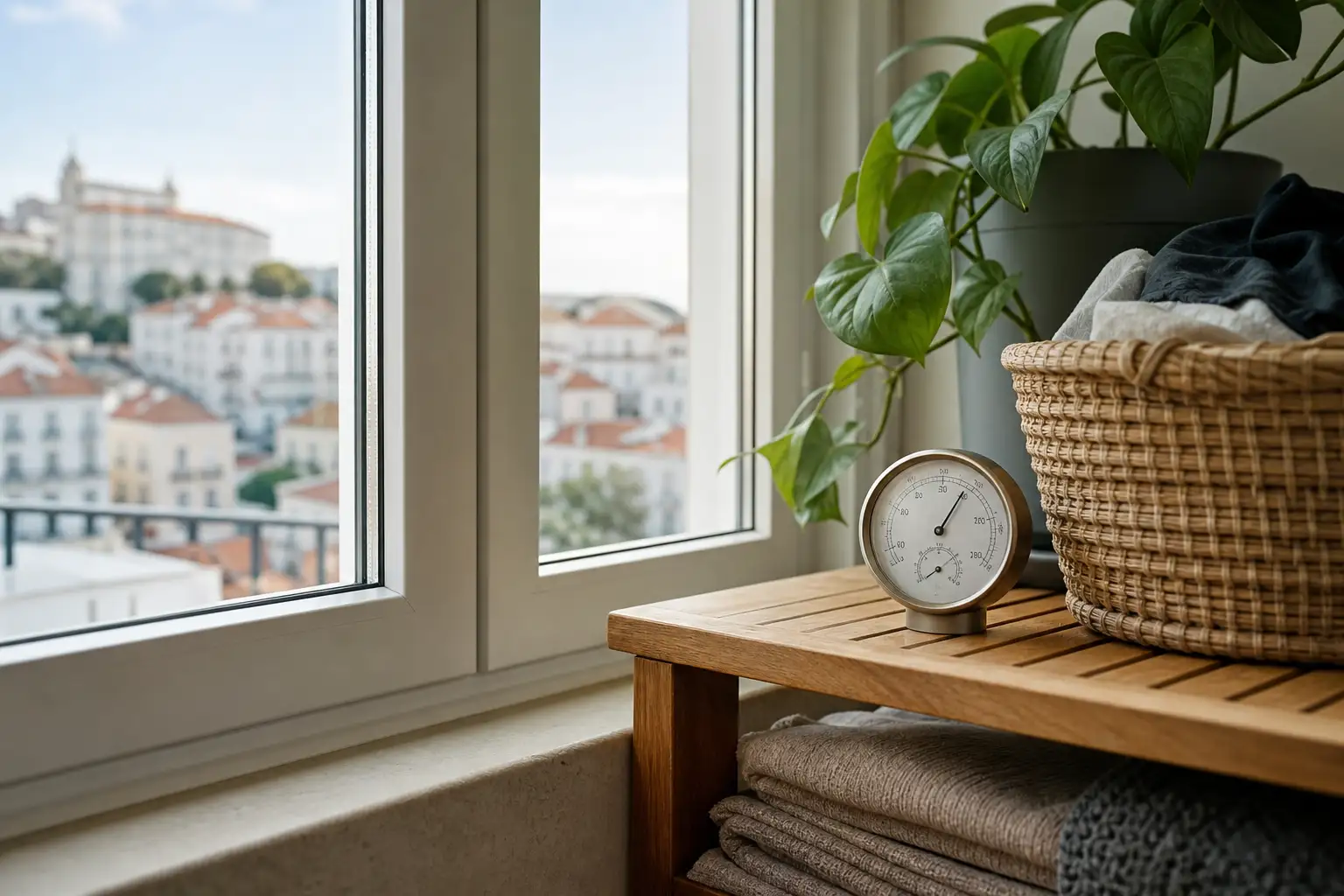 Janela de apartamento sem condensação junto a um higrómetro e cesto de roupa