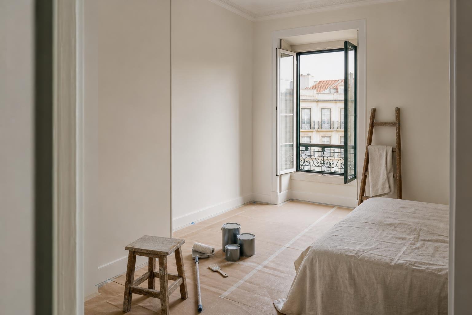 Quarto de apartamento em Lisboa em remodelação, com paredes recém-pintadas e janela aberta para ventilação.