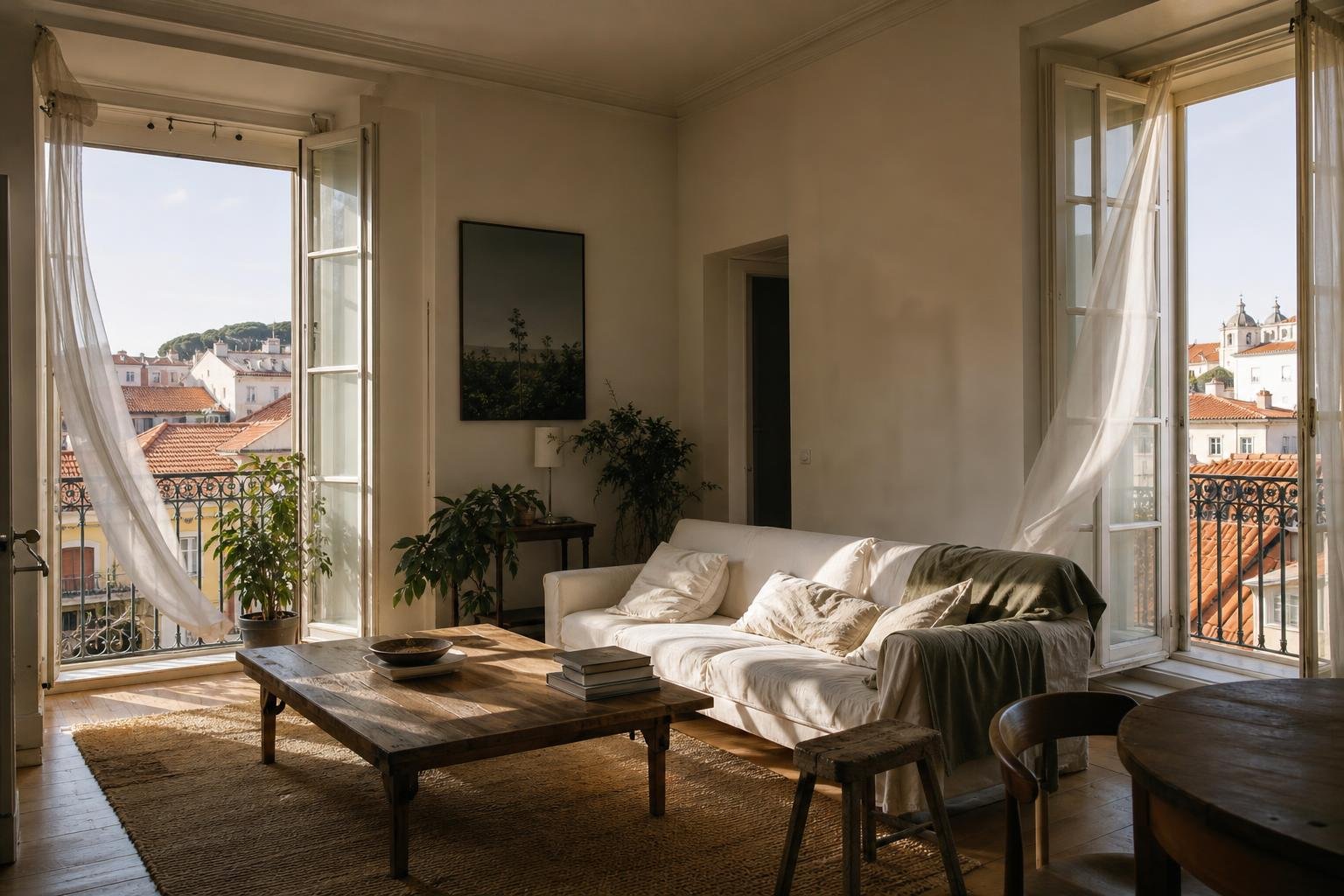Lisbon apartment living room with open windows on opposite sides for cross ventilation.
