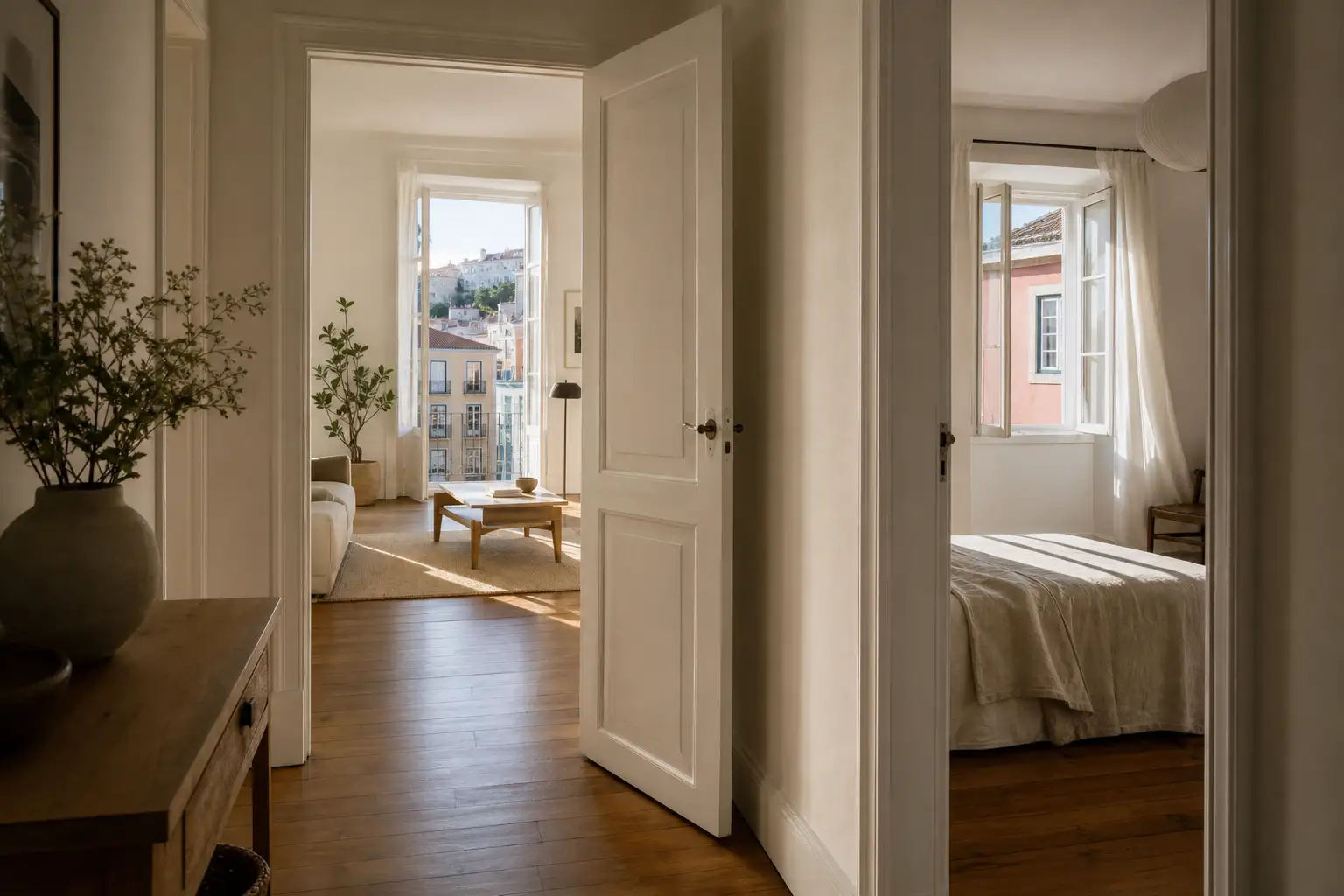 Bright apartment corridor with open internal doors creating a route for fresh-air renewal.