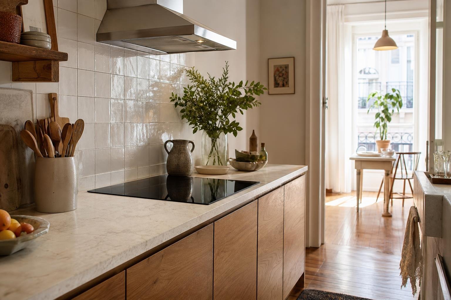 Black induction hob in a renovated Lisbon apartment kitchen