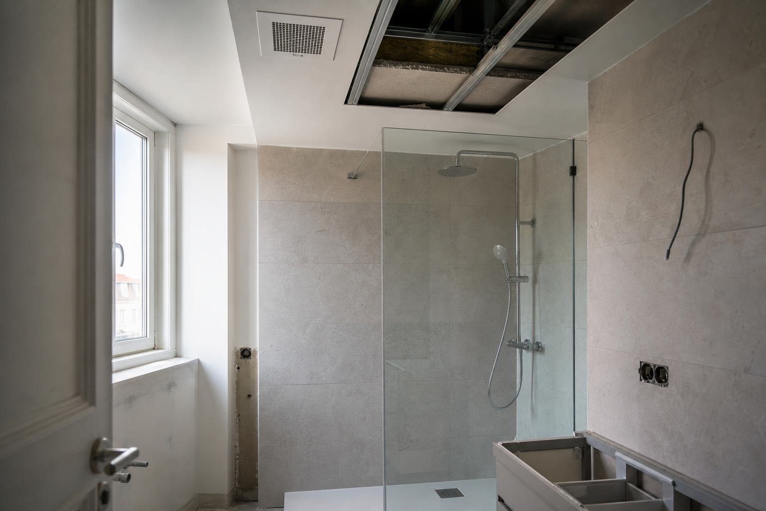 Grelha de extração no teto de uma casa de banho contemporânea em remodelação