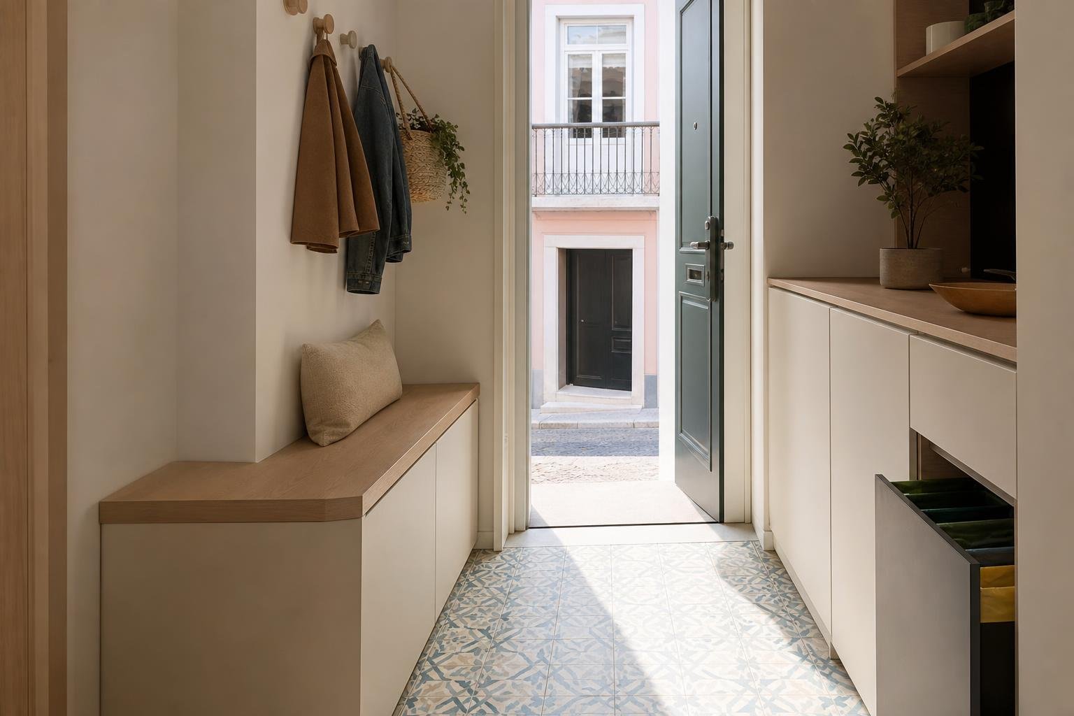Entrada de apartamento organizada com banco, armário fechado para sapatos e zona discreta para encomendas.