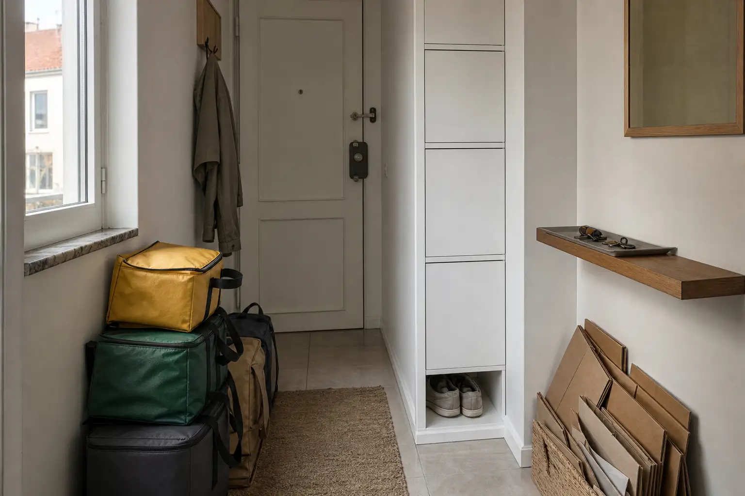 Corredor de apartamento com arrumação compacta para encomendas, sacos reutilizáveis e embalagens para reciclagem.