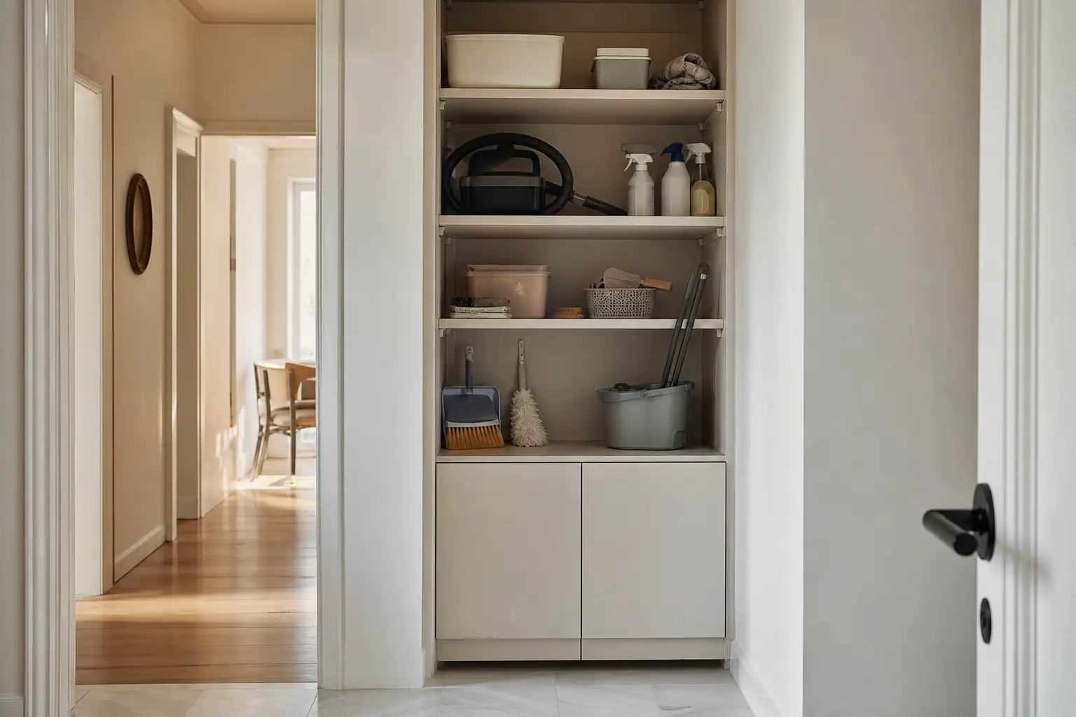 Armário de apoio num corredor de apartamento para guardar produtos e utensílios de limpeza