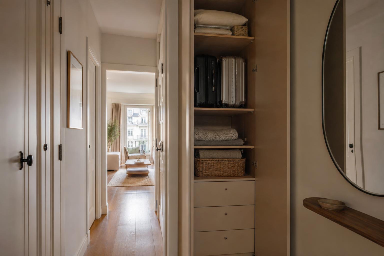 Armário alto e organizado num apartamento de Lisboa com malas guardadas fora da zona de circulação.