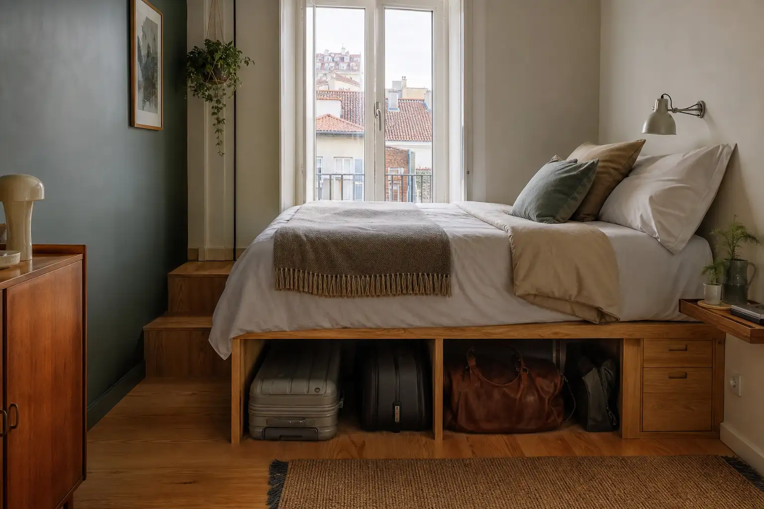 Quarto compacto com cama elevada e arrumação integrada para malas sob o estrado.