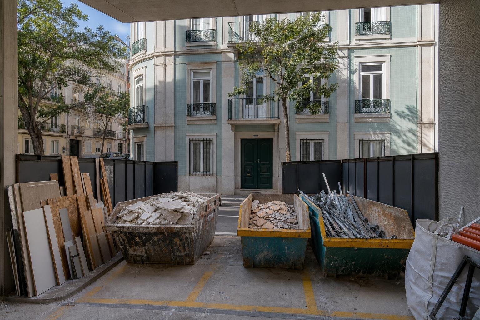 Contentores organizados para resíduos de remodelação junto a um edifício residencial em Lisboa
