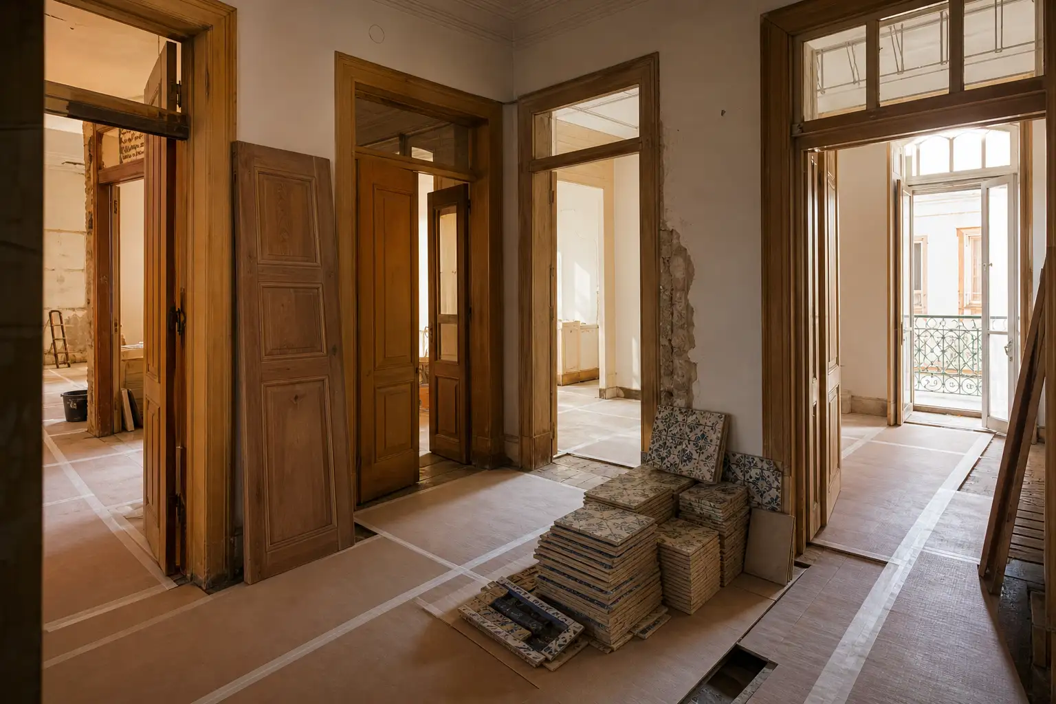 Materiais de remodelação separados num apartamento de Lisboa antes da remoção