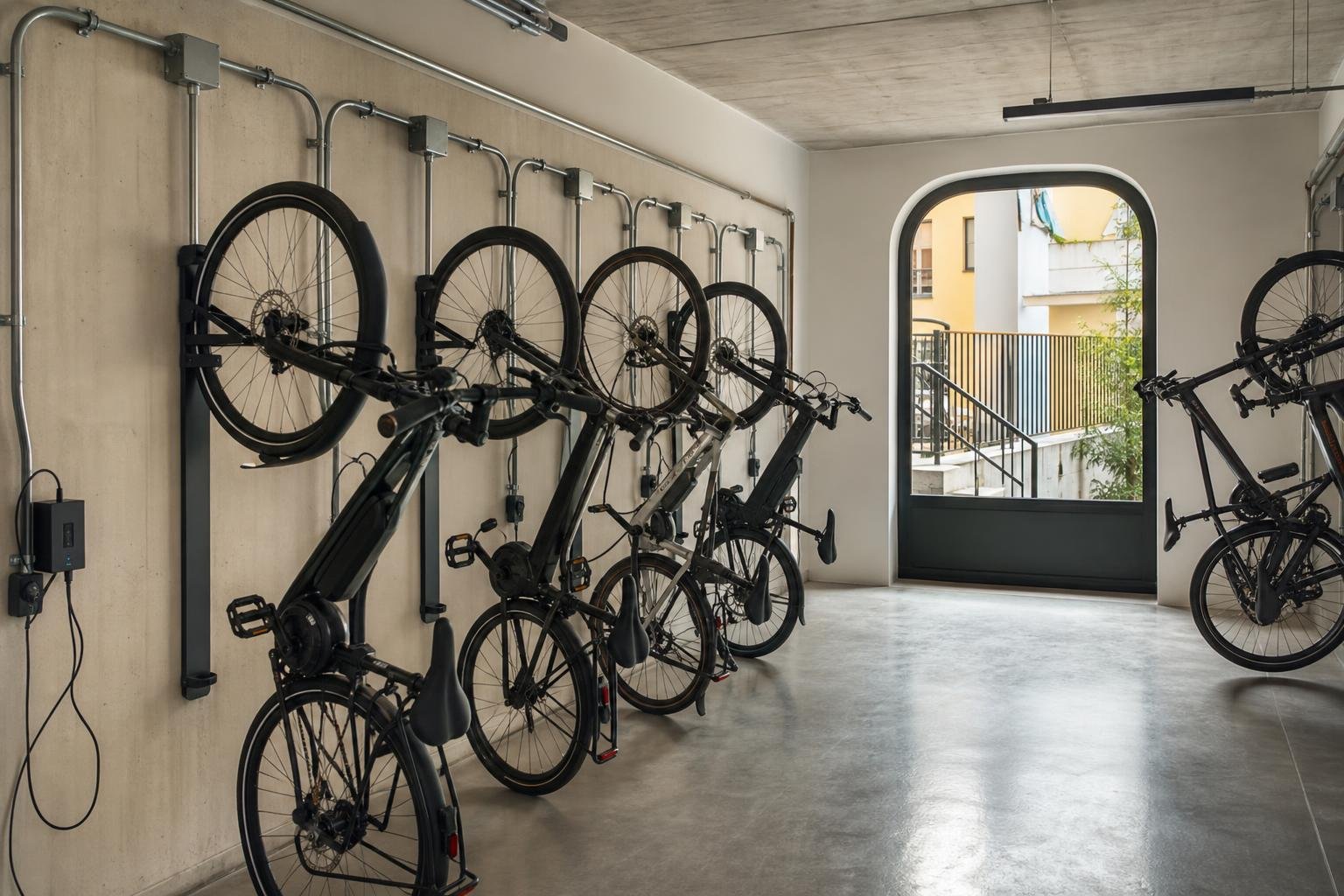Bicicletas elétricas estacionadas junto de pontos de carregamento numa arrecadação de condomínio organizada