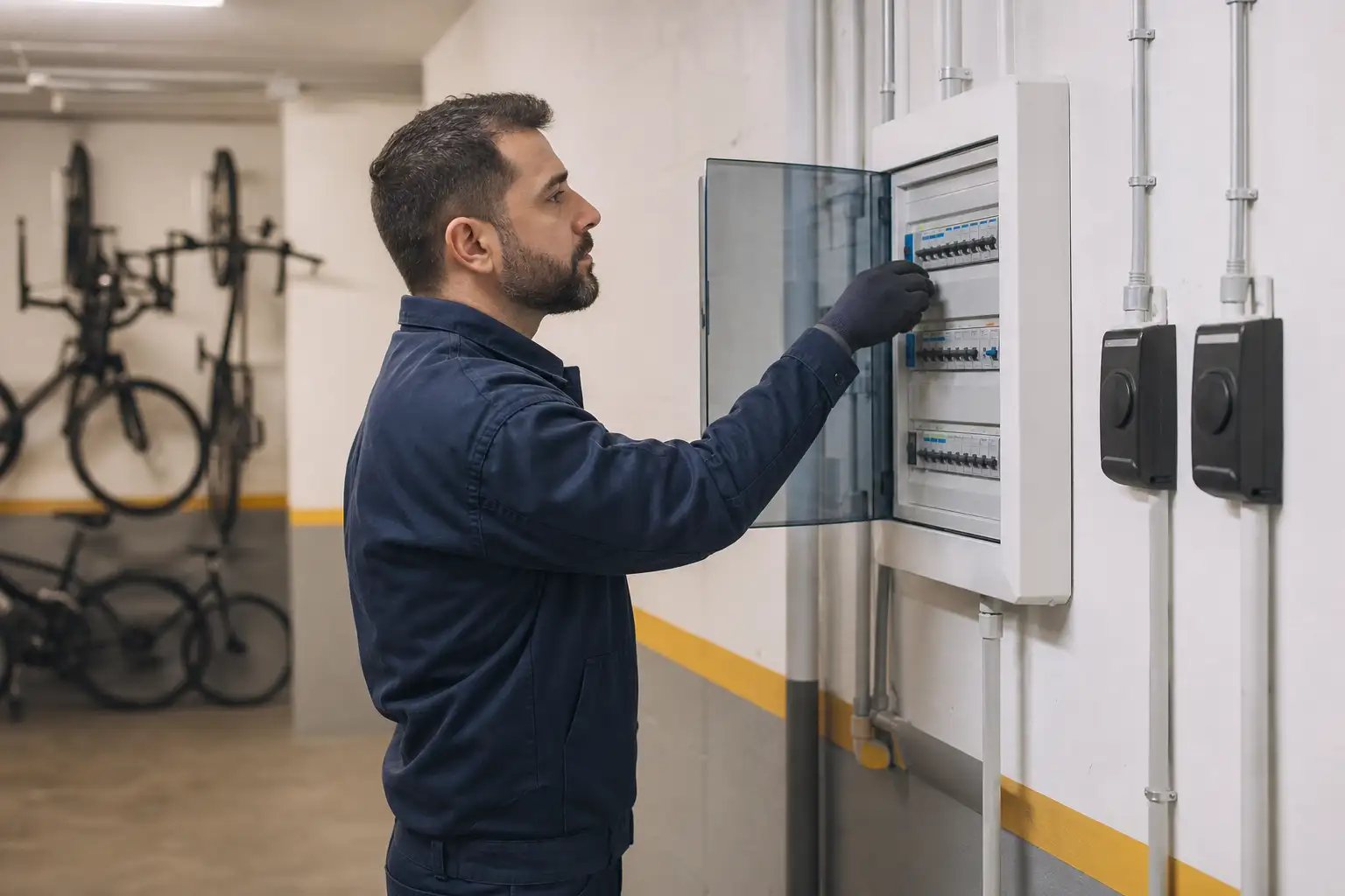Quadro elétrico e tomadas dedicadas para carregamento de bicicletas numa zona comum residencial