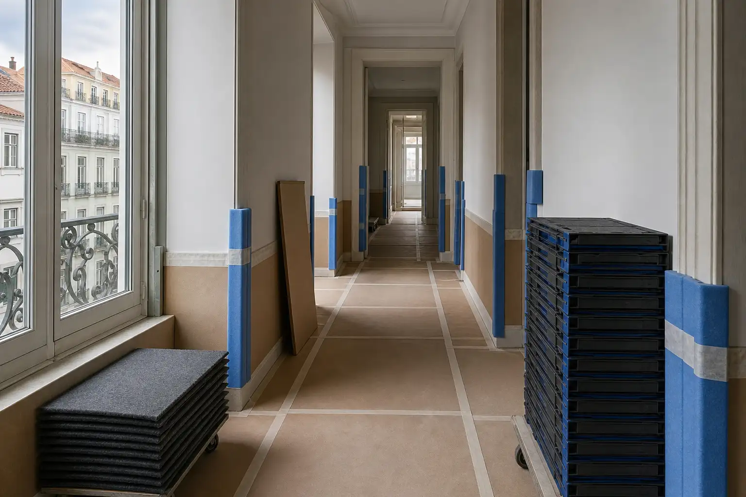 Corredor de condomínio com pavimento e cantos protegidos durante uma obra de remodelação