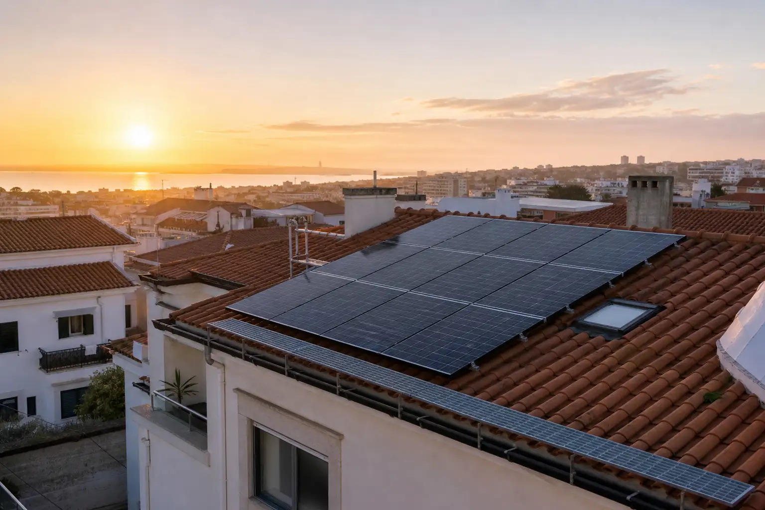 View across Lisbon residential roofs with solar panels and maintenance access routes