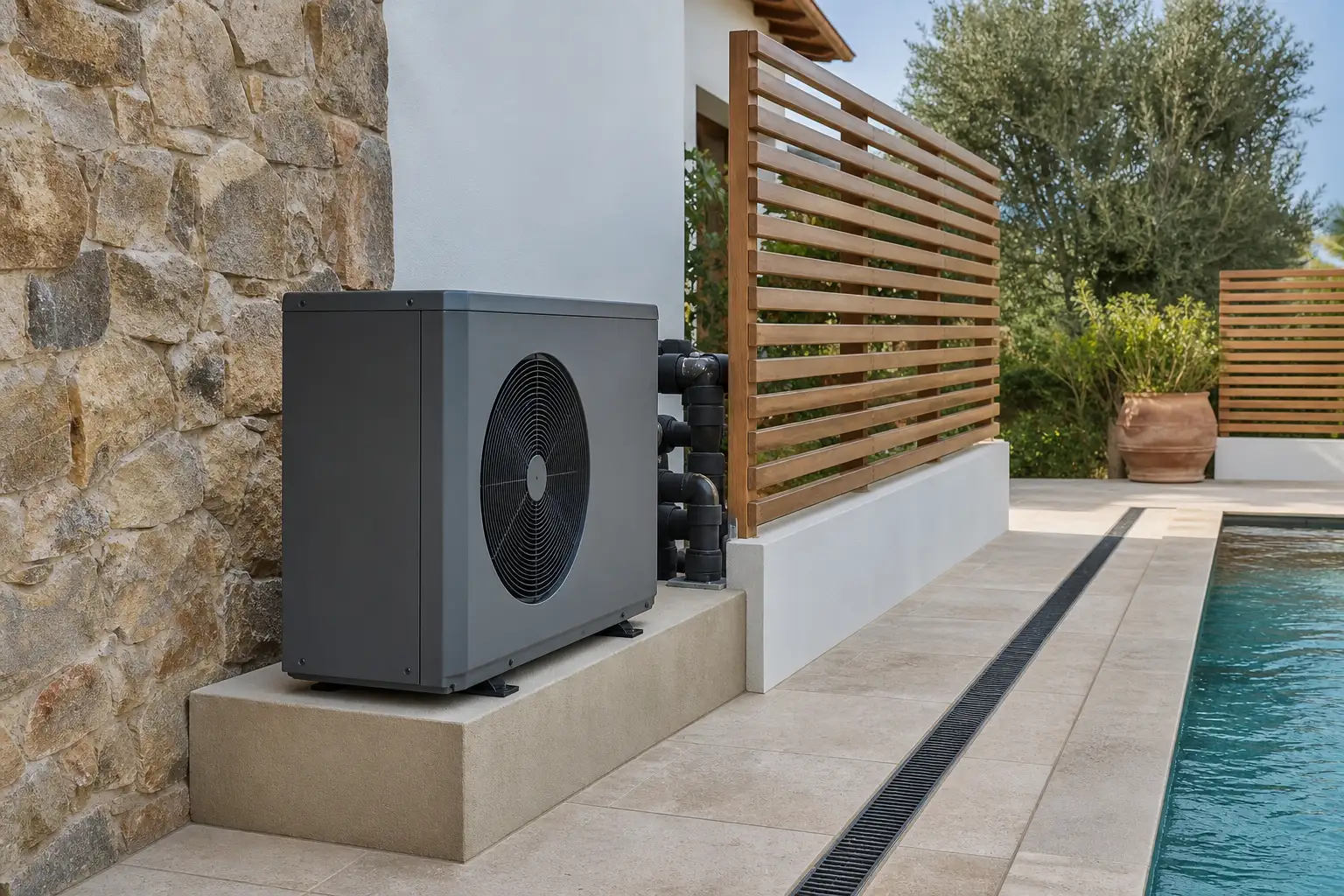 Pool technical area with heat pump, drainage and ventilated screening at a Portuguese house