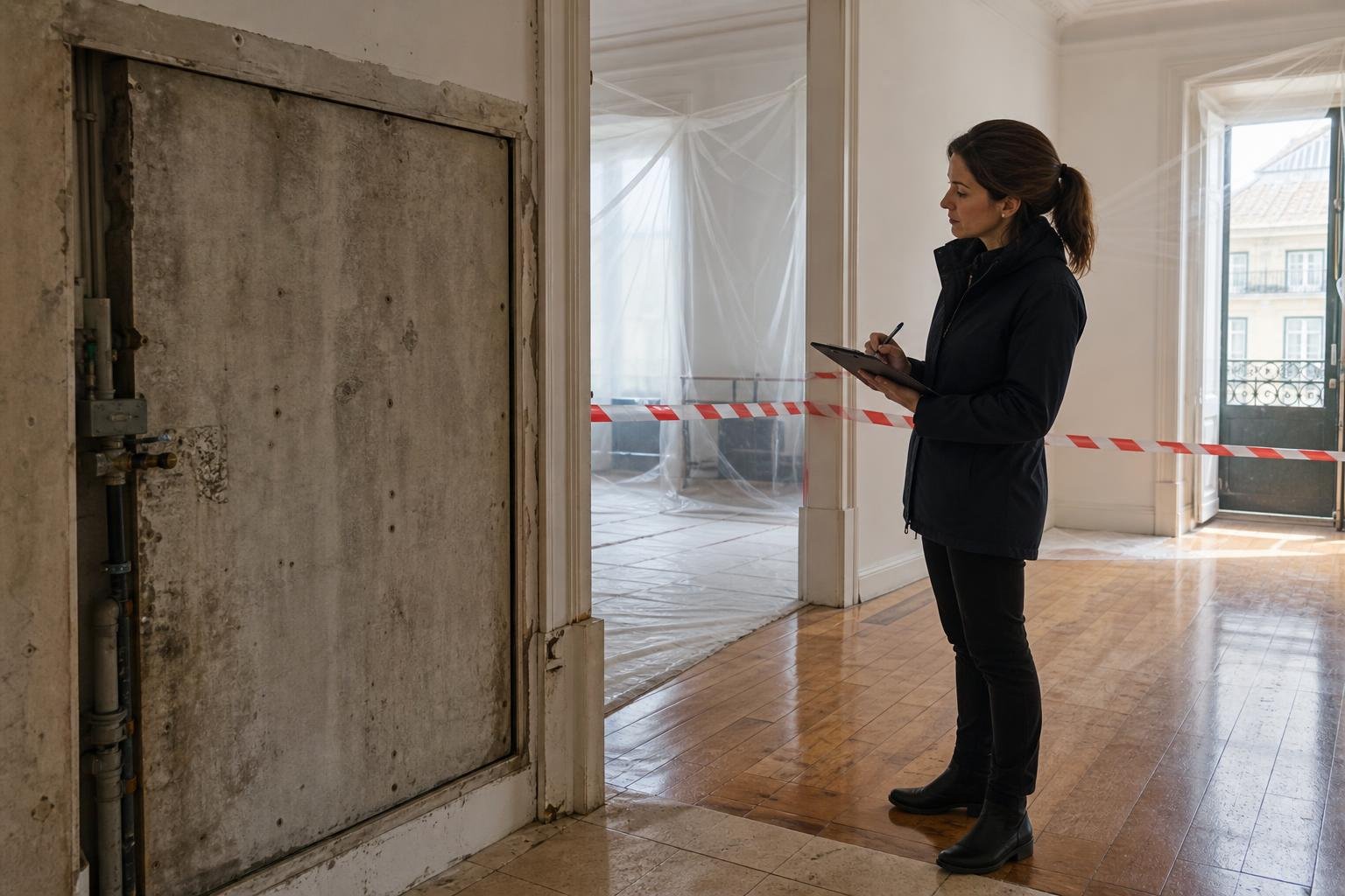 A professional carefully assesses an older building element while planning a renovation in Lisbon.