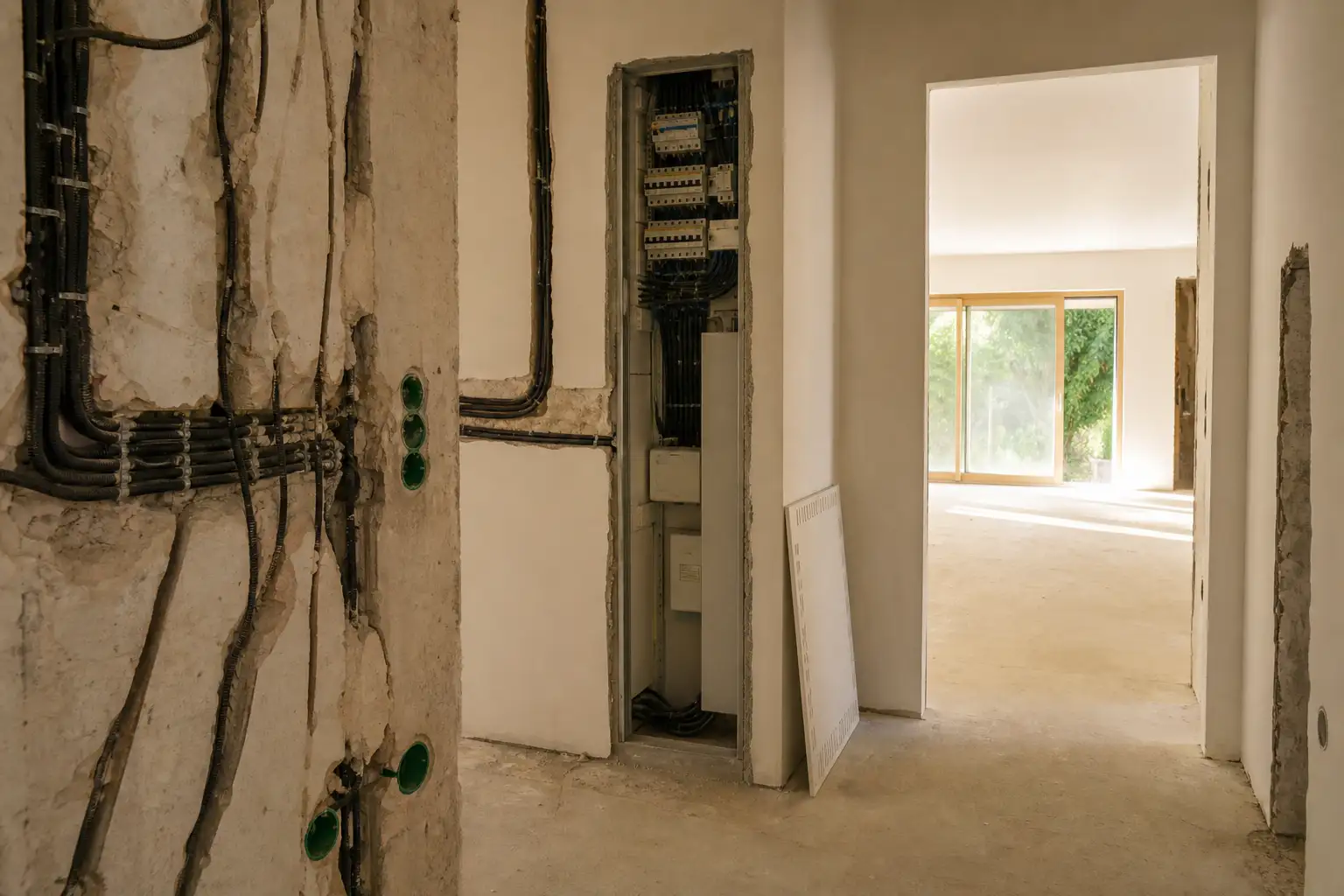 Technical utility cupboard with electrical conduits prepared during a house renovation in Lisbon