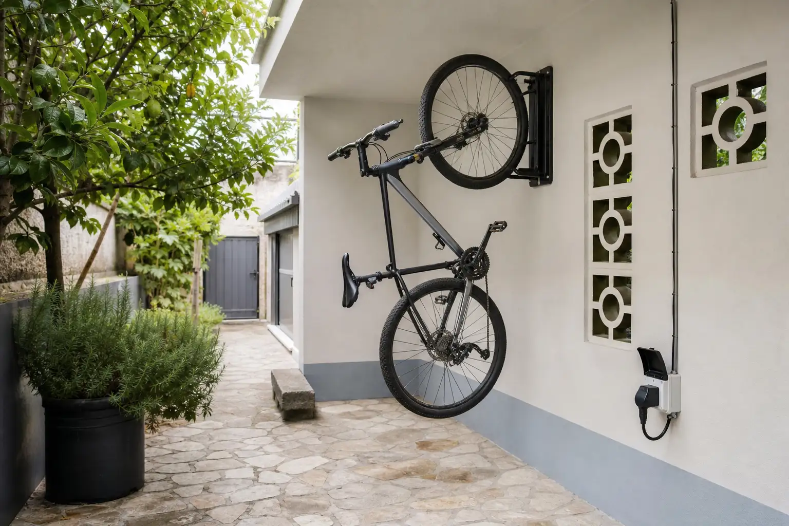 Organised exterior area for storing and charging an electric bicycle beside a Portuguese home.