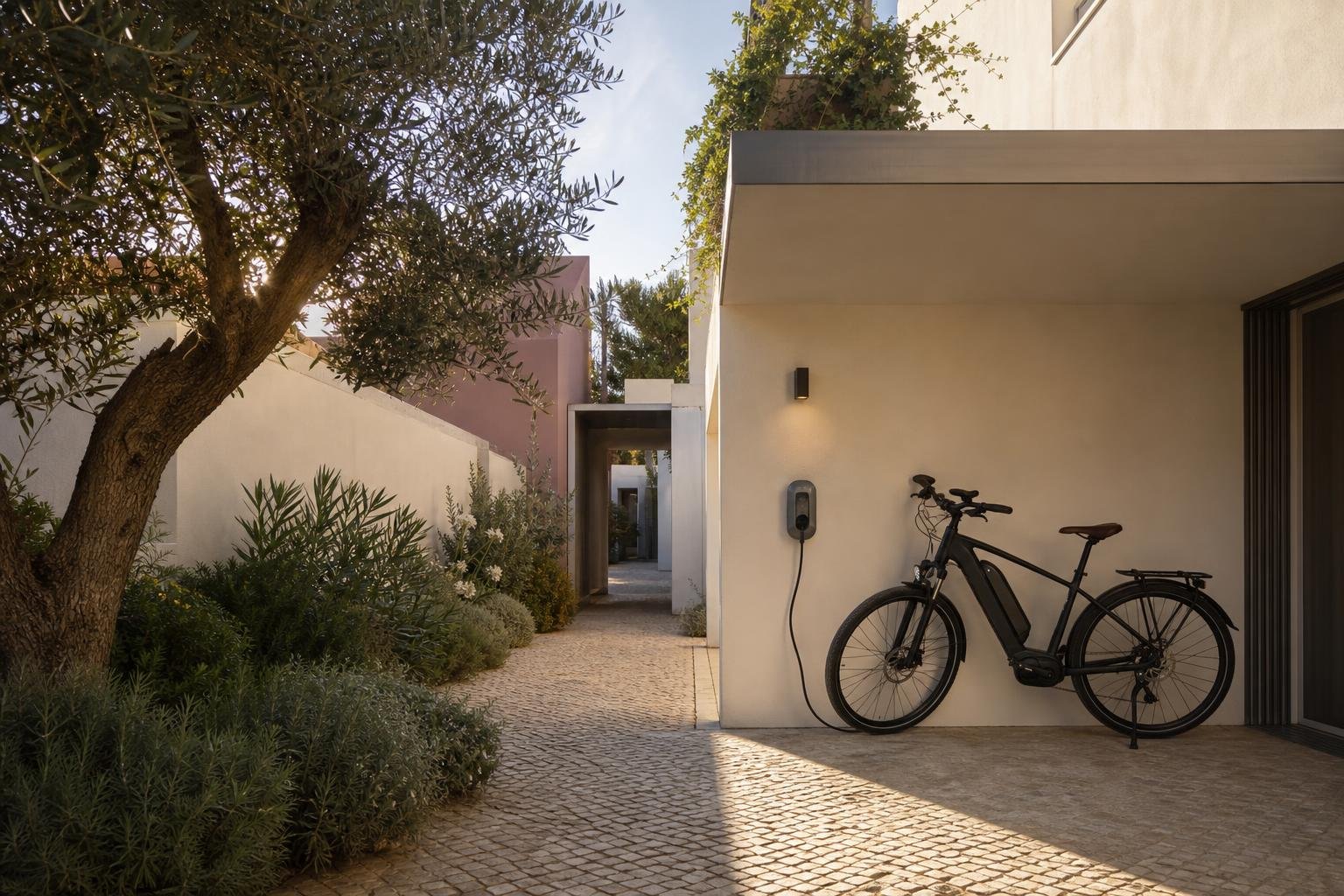 Electric bicycle in a covered outdoor area of a Lisbon house beside a protected charging point.