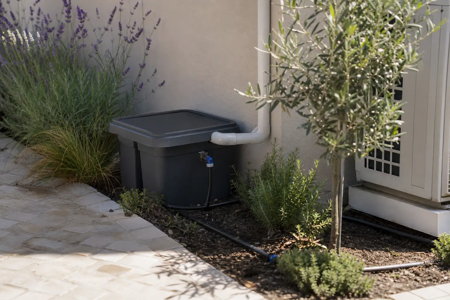Covered non-potable water tank connected to condensate drainage and prepared for drip irrigation in a residential garden.