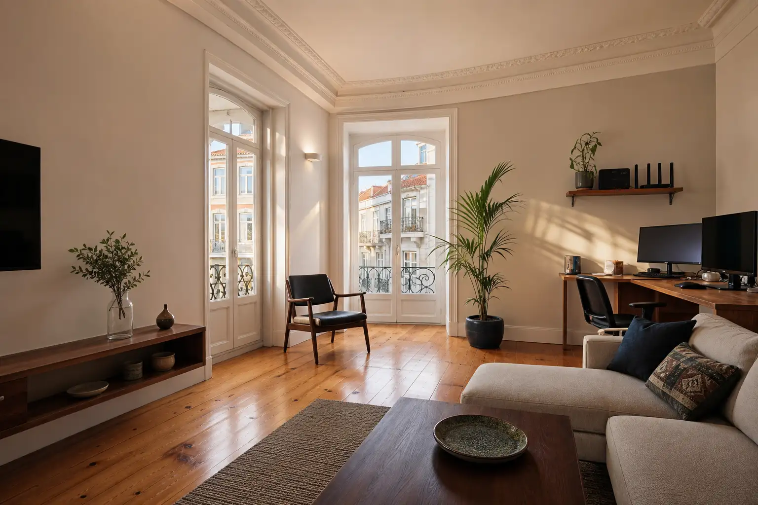 Lisbon apartment living room with electronic equipment connected to a planned electrical installation.