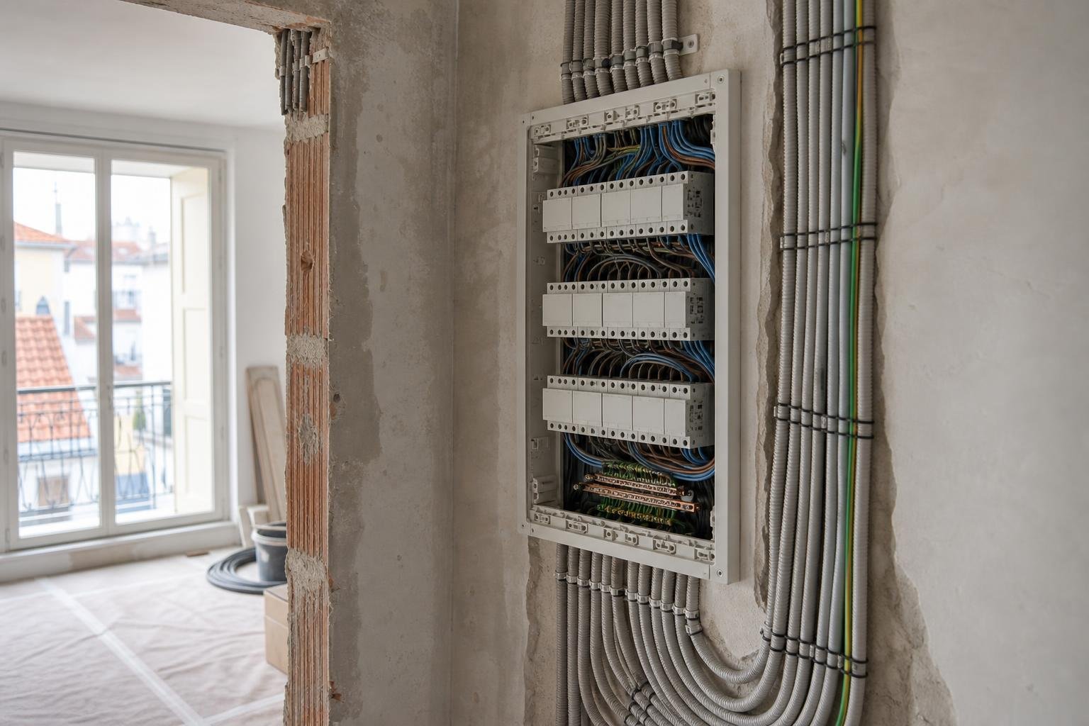 Organised residential electrical panel during a renovation, prepared for surge protection.