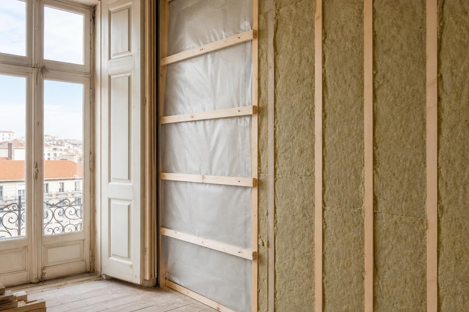Internal thermal insulation being installed on an apartment wall during a Lisbon renovation
