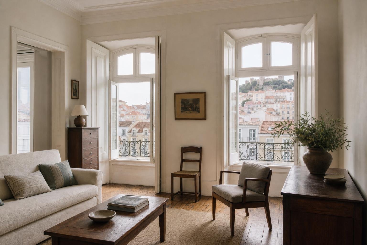 Sala de apartamento em Lisboa com caixilharias de madeira antigas recuperadas e luz natural.