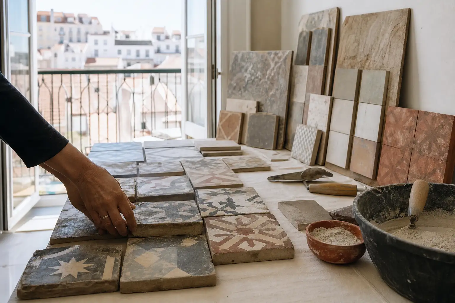Careful selection of reclaimed hydraulic tiles for repairing an old patterned floor