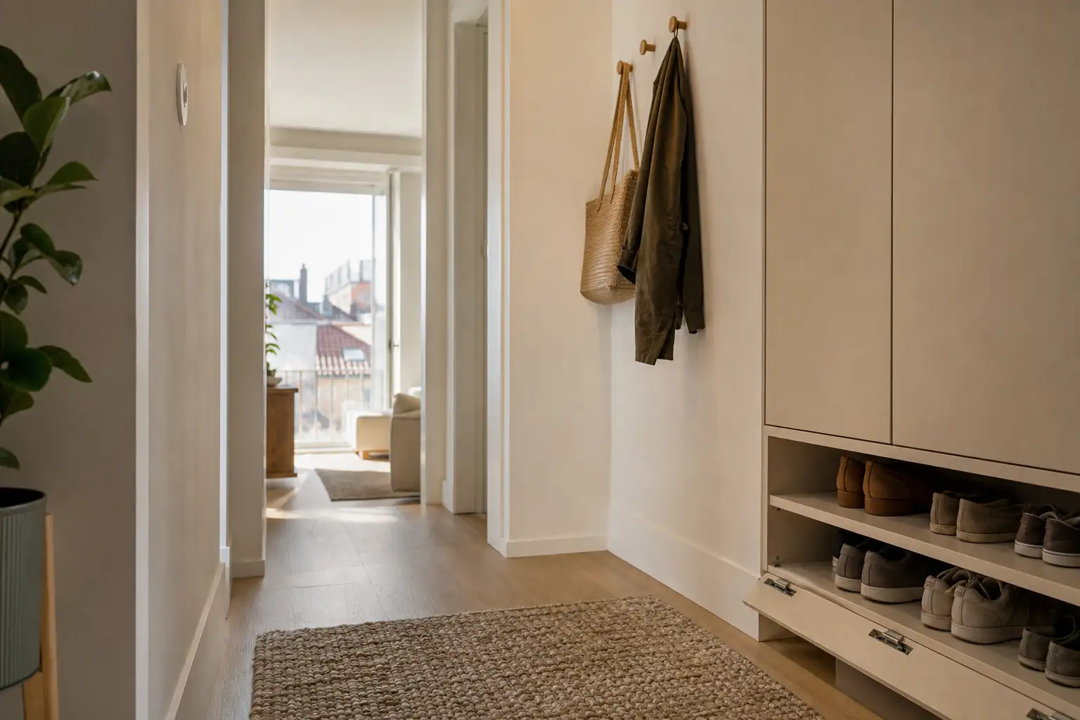 Pormenor de arrumação de sapatos junto à porta, com tapete lavável e ventilação discreta no móvel.
