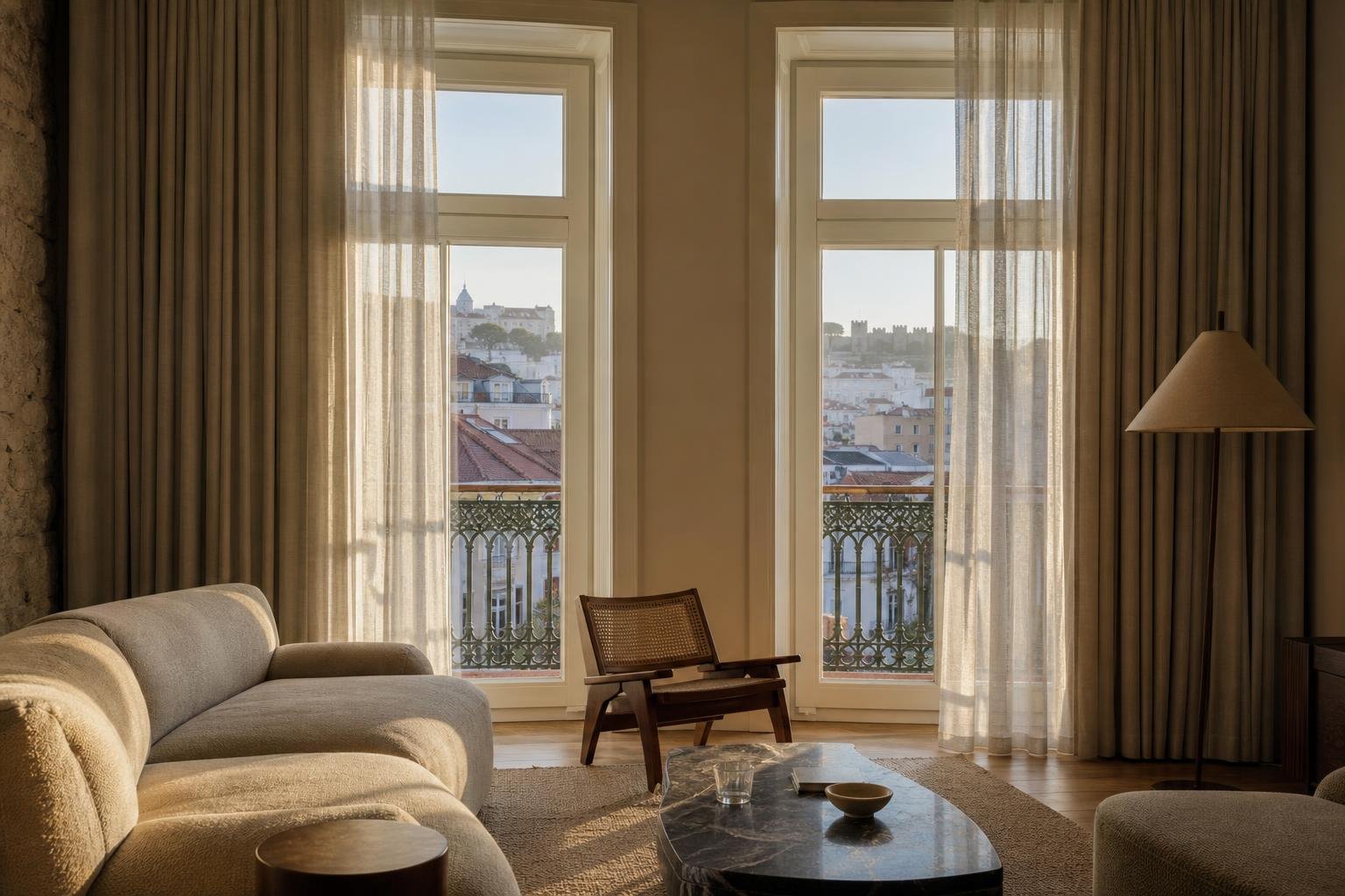 Sala de apartamento em Lisboa com cortinas térmicas e cortinas leves junto a janelas altas.