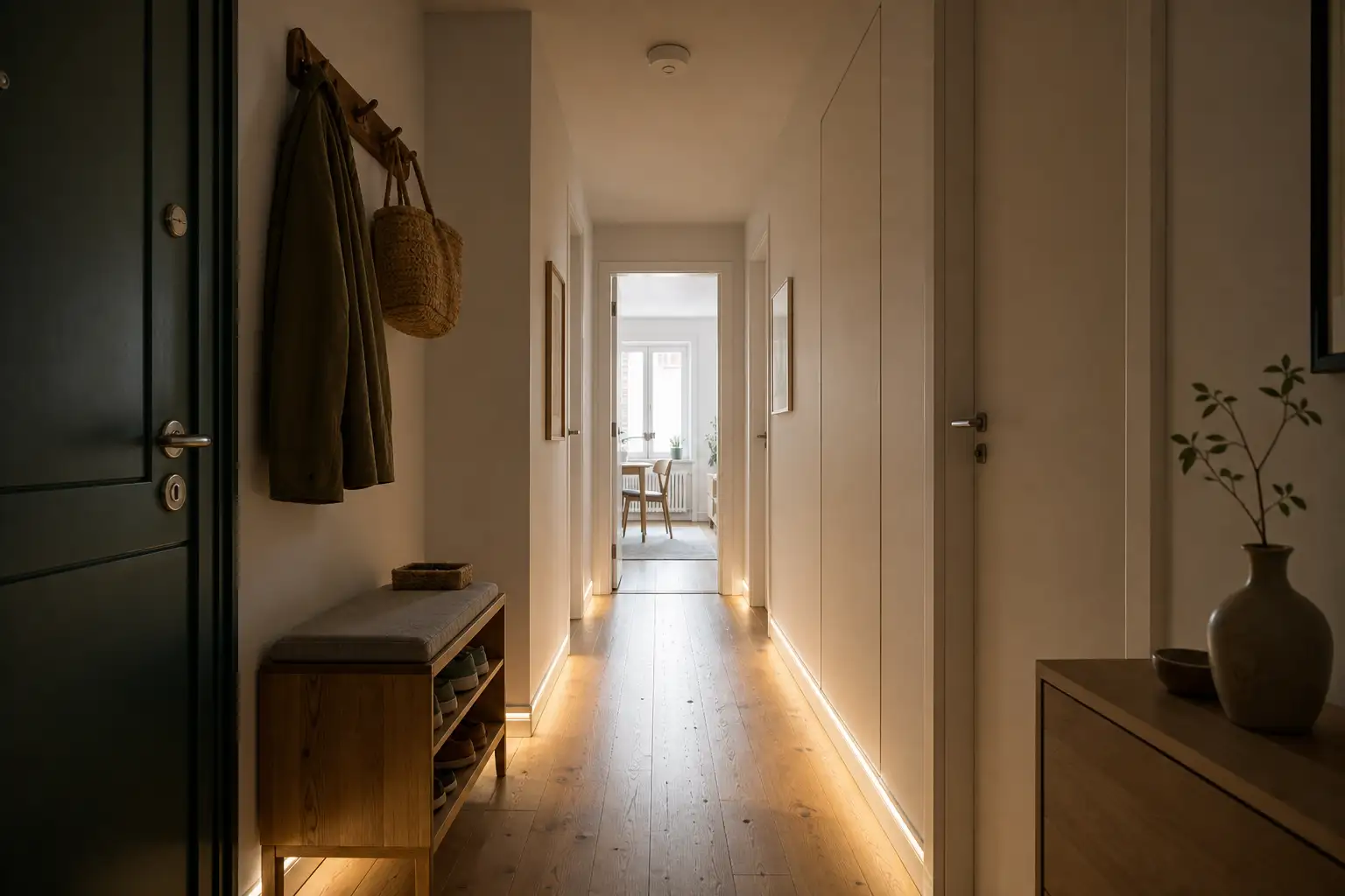 Entrada e corredor de apartamento com iluminação baixa orientada por sensor de movimento