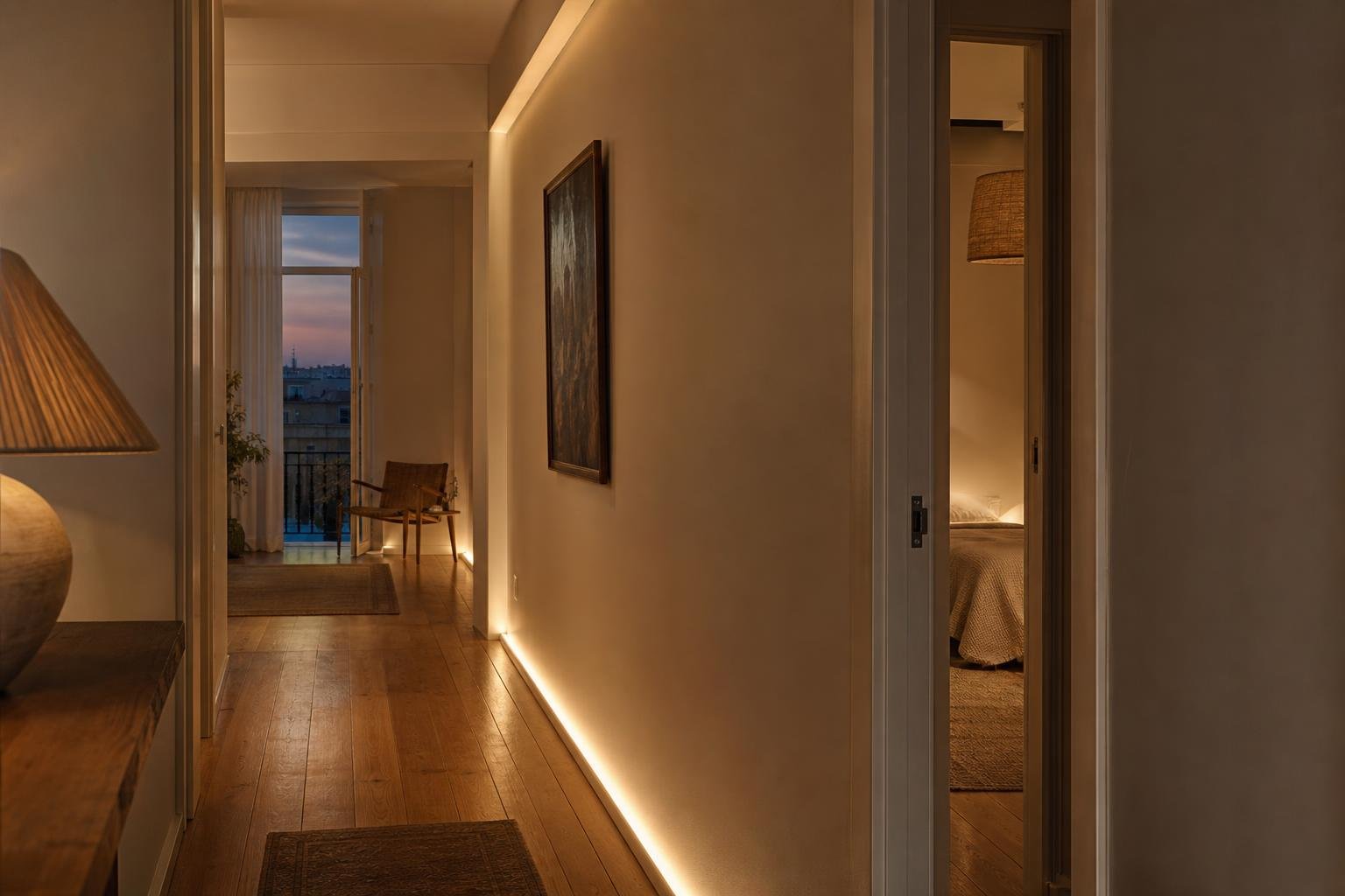 Corredor de apartamento em Lisboa com iluminação indireta quente e sensor de presença discreto