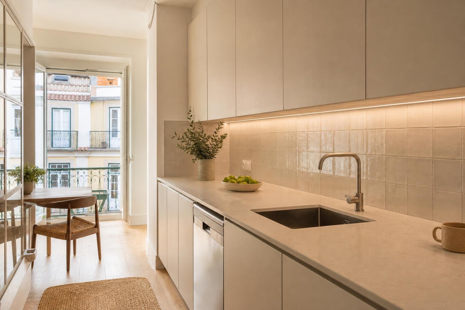 Cozinha de apartamento em Lisboa remodelada, com torneira monocomando e bancada funcional
