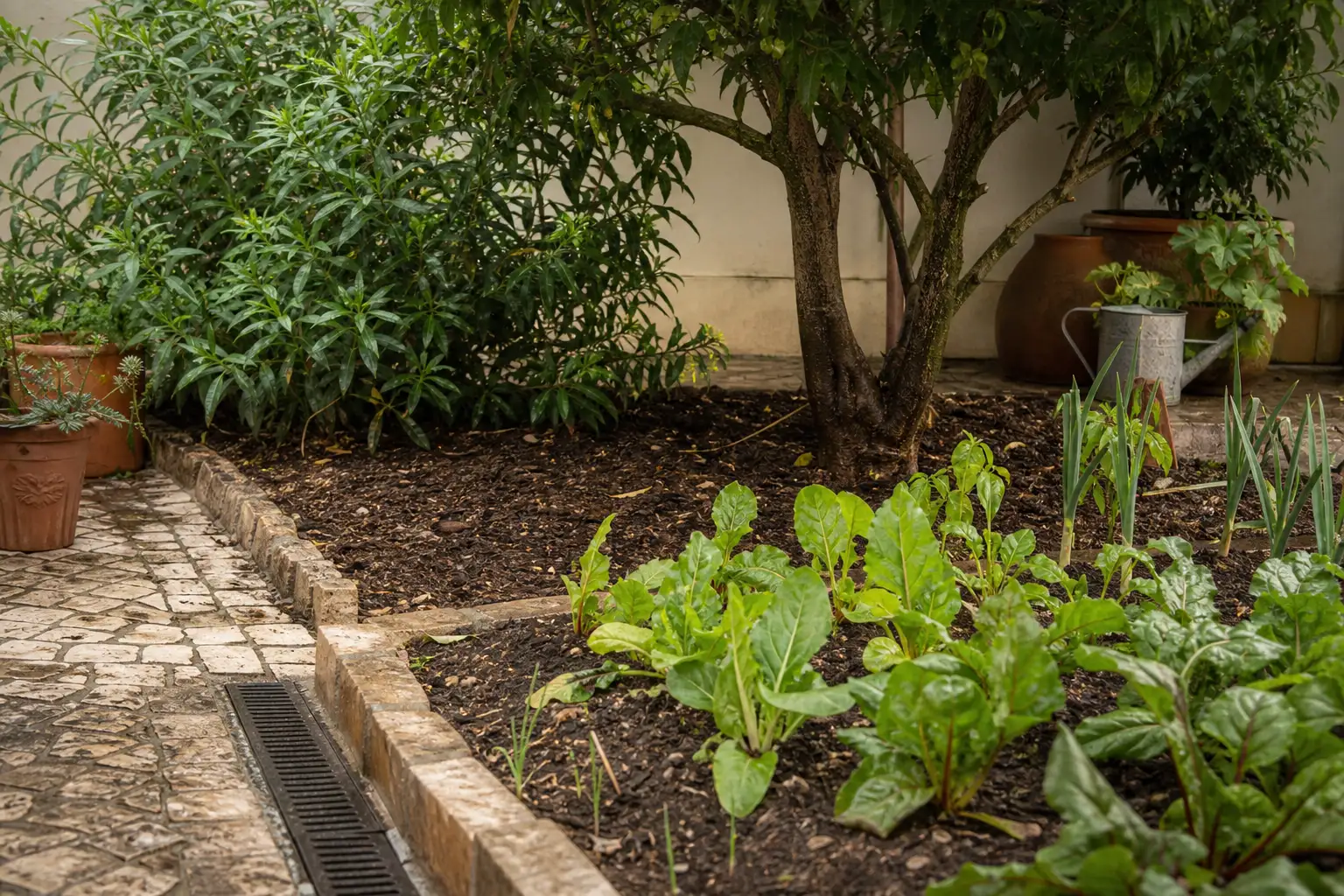 Composto maduro aplicado num canteiro de jardim residencial em Lisboa