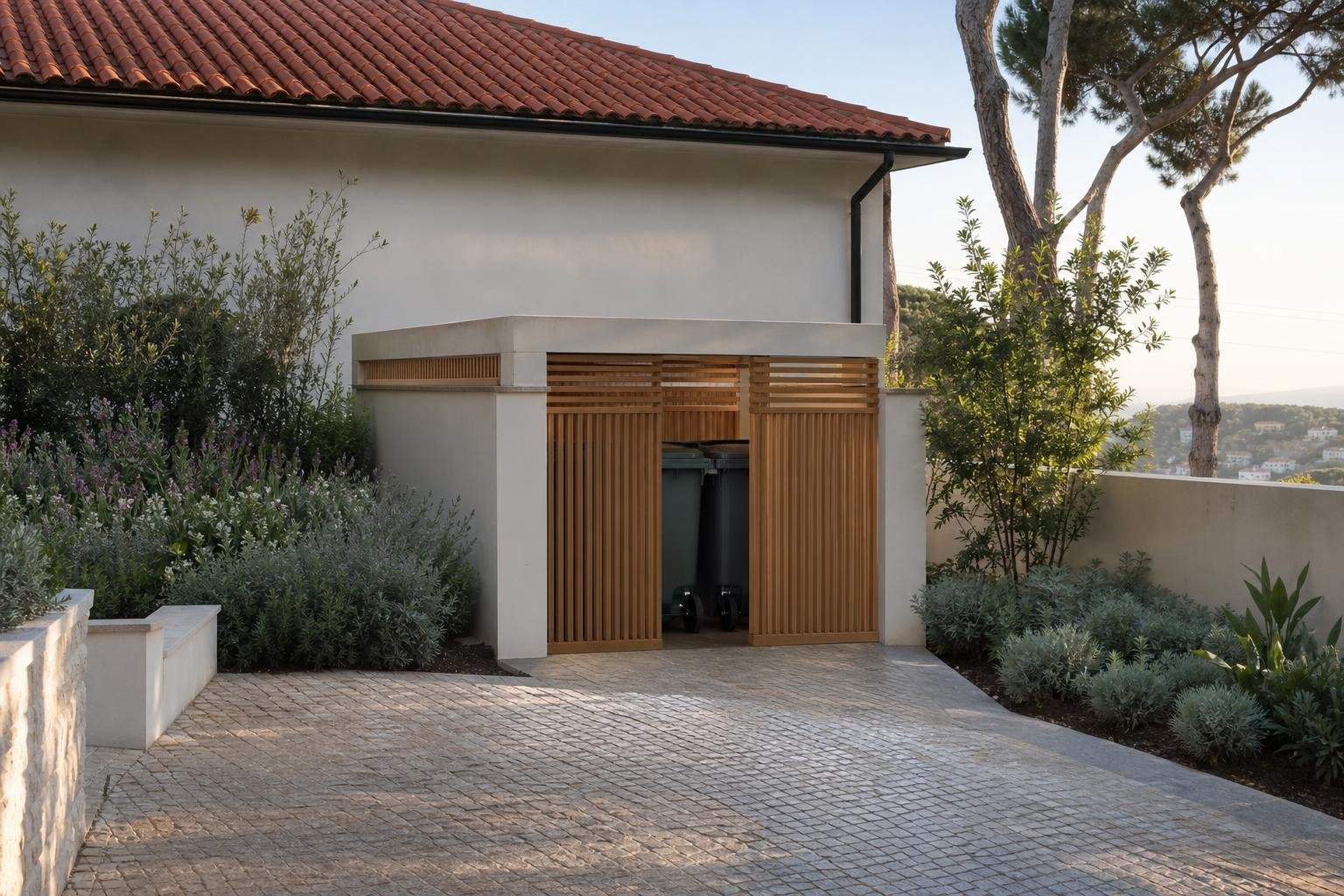 Ventilated outdoor bin shelter beside a Lisbon house, with washable paving and planting
